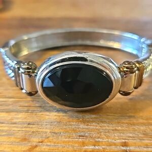 Gold and Silver Tone with BLack Onyx Rope Design Bangle Bracelet